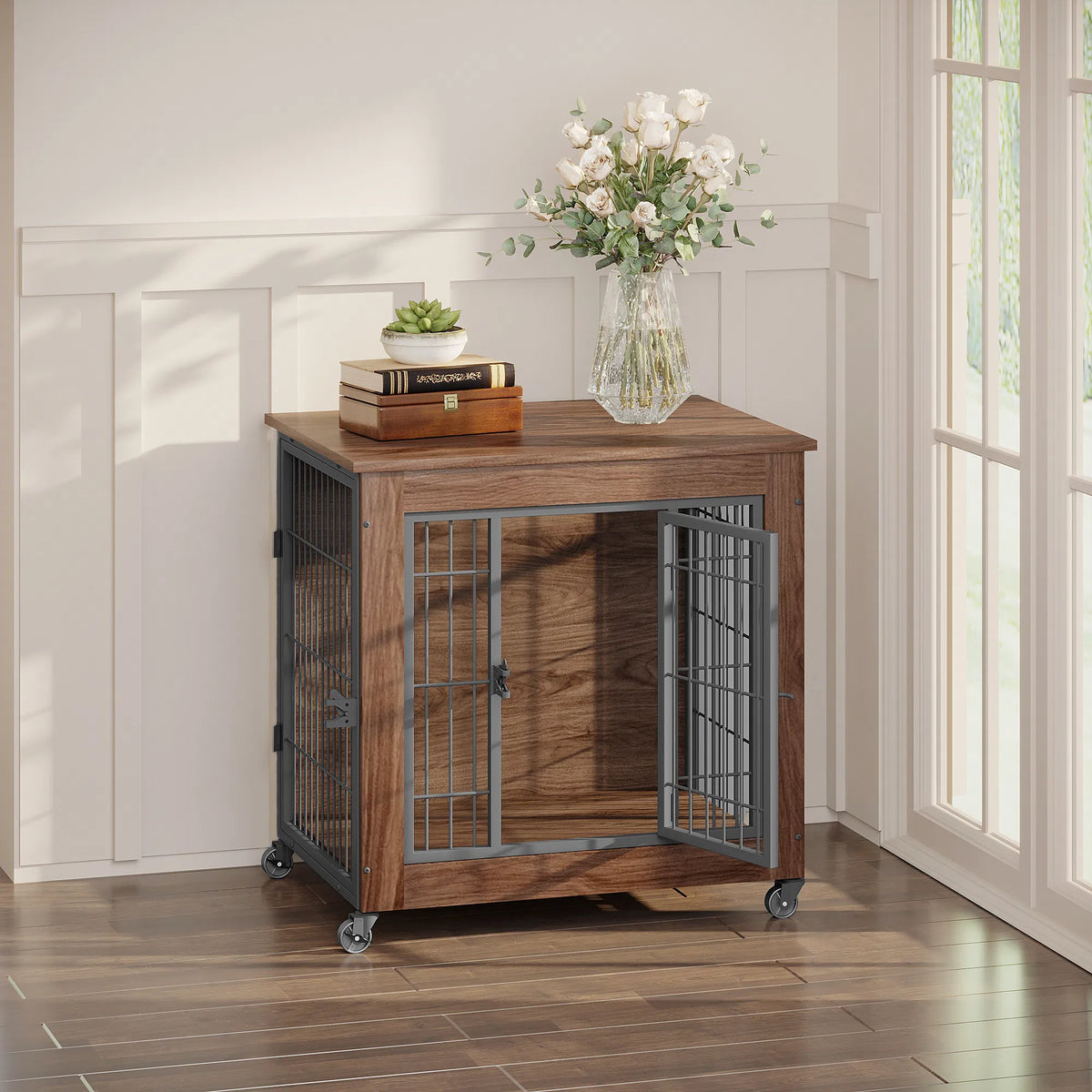 27.2" Dog Crate Furniture with Wheels for Small Dogs, Heavy Duty Dog Kennel Indoor with 2 Doors, Wooden Pet Cage End Tab