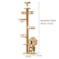 Floor to Ceiling Cat Tree, Cat Tower with Scratching Post, Adjustable Height(98-110 Inch), Large Wood Condo Cave Bed and