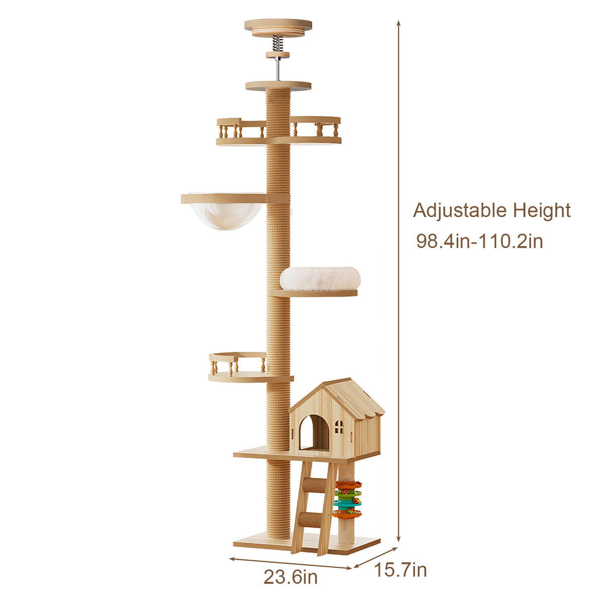 Floor to Ceiling Cat Tree, Cat Tower with Scratching Post, Adjustable Height(98-110 Inch), Large Wood Condo Cave Bed and