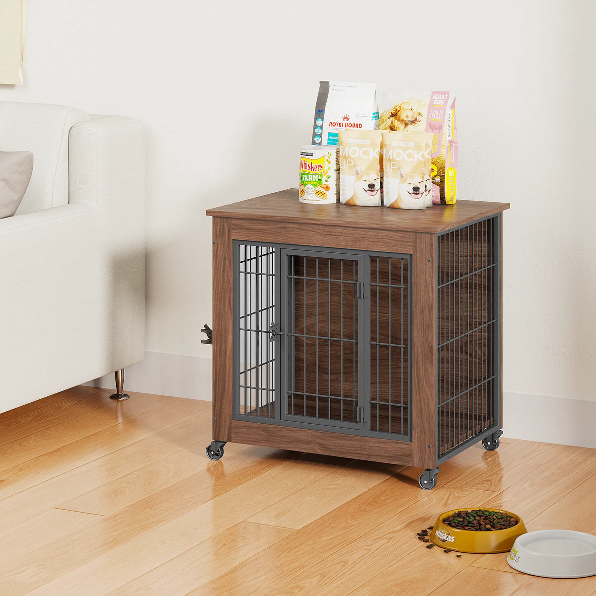 27.2" Dog Crate Furniture with Wheels for Small Dogs, Heavy Duty Dog Kennel Indoor with 2 Doors, Wooden Pet Cage End Tab