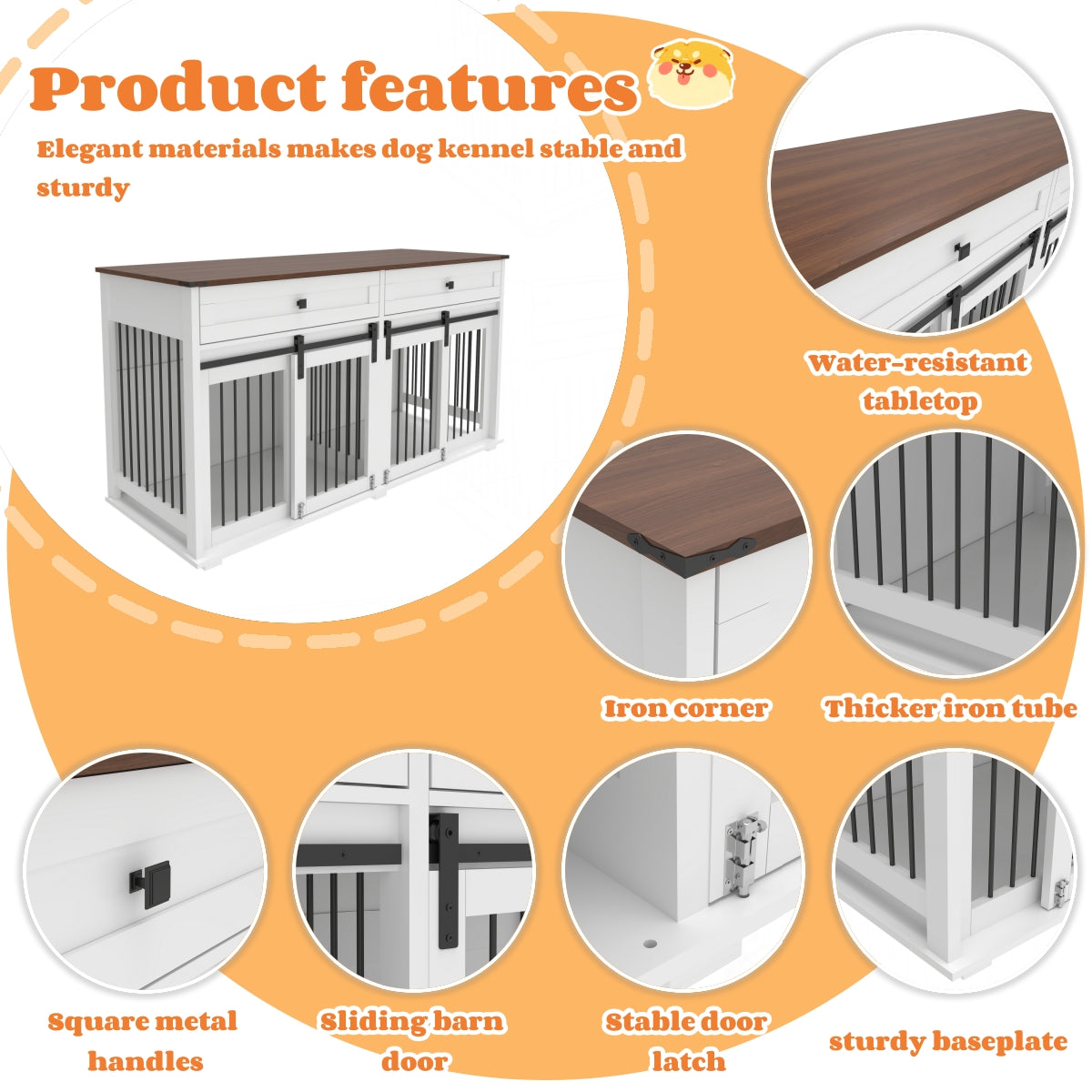 63'' Large Dog Crate Furniture For Double Dog, Wooden Dog Kennel With 2 Drawers,Divider And Sliding Door, Water Resistan