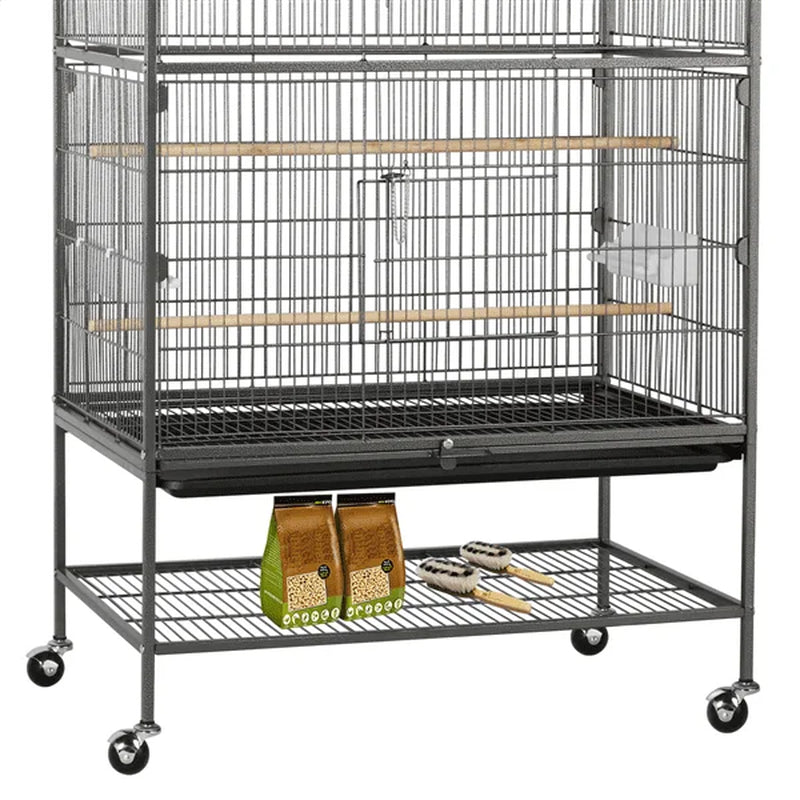 Metal 52-Inch Large Rolling Bird Cage with 3 Perches 4 Feeders - BIG FRENCHIES