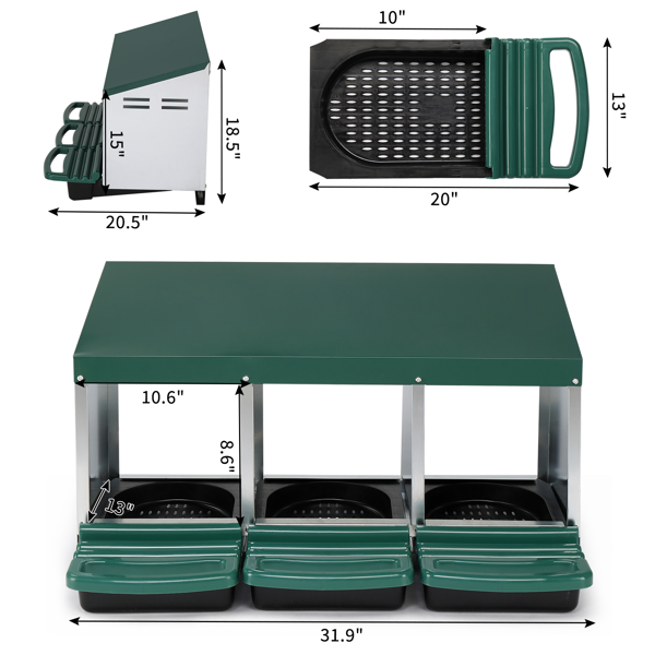 3 Compartment Roll Out Chicken Nesting Box With Plastic Basket, Egg Nest Box Chicken Laying Box Hens Chicken Coop Box, G