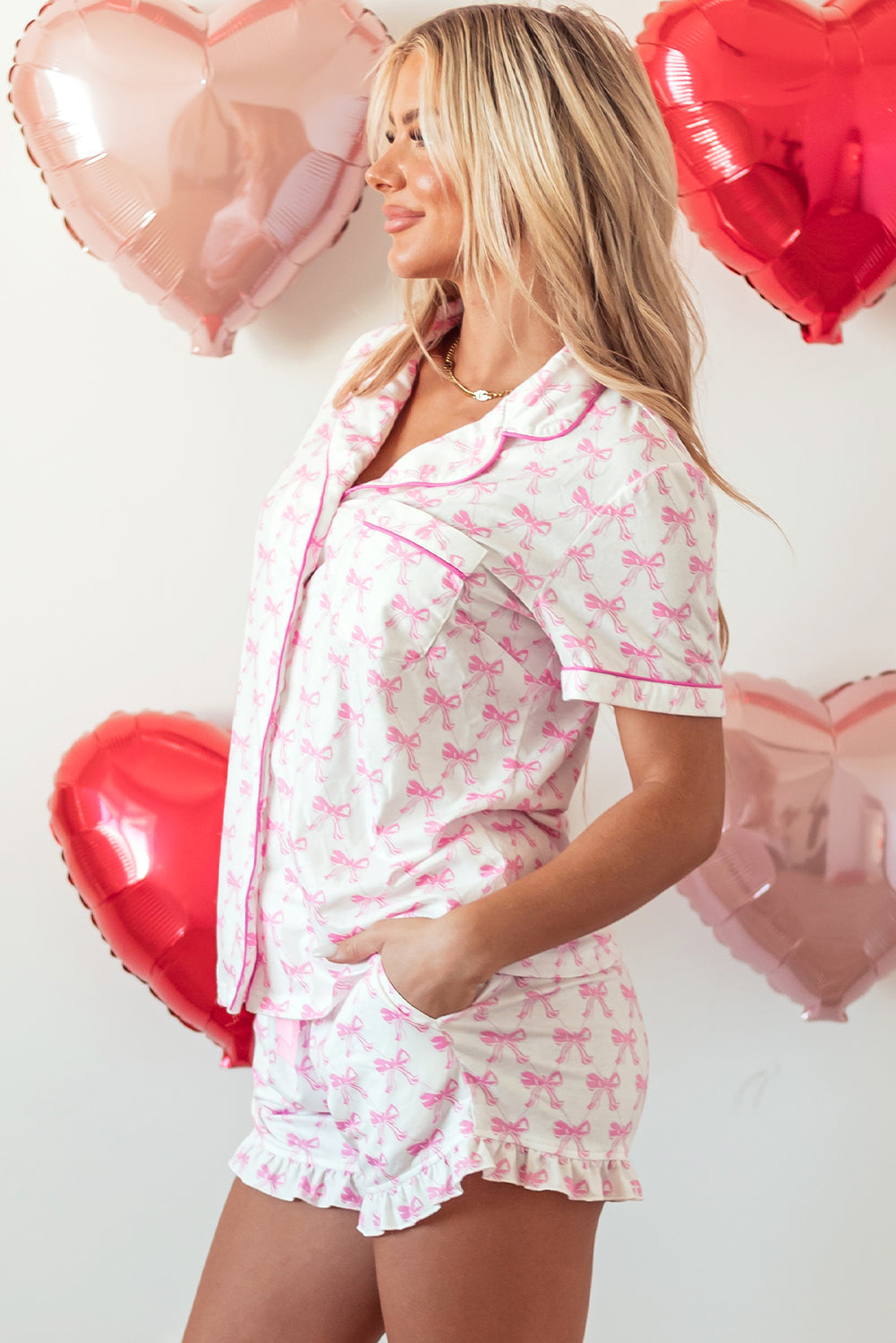 Luxury Bowknot Printed Short Sleeve and Ruffled Shorts Pajama Set