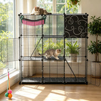 3-Level Metal Cat Cage Enclosure, Modular Pet Habitat with 3 Doors, 2 Ladders, Plush Hammock and Toy Ball for Small Indo