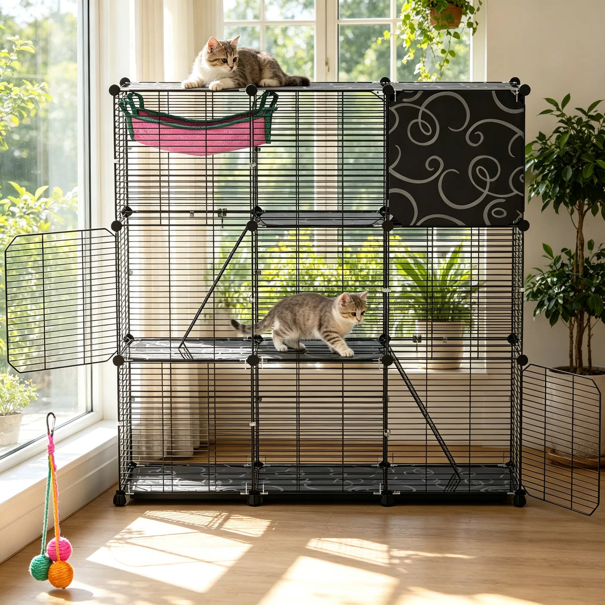 3-Level Metal Cat Cage Enclosure, Modular Pet Habitat with 3 Doors, 2 Ladders, Plush Hammock and Toy Ball for Small Indo