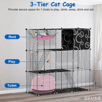 3-Level Metal Cat Cage Enclosure, Modular Pet Habitat with 3 Doors, 2 Ladders, Plush Hammock and Toy Ball for Small Indo