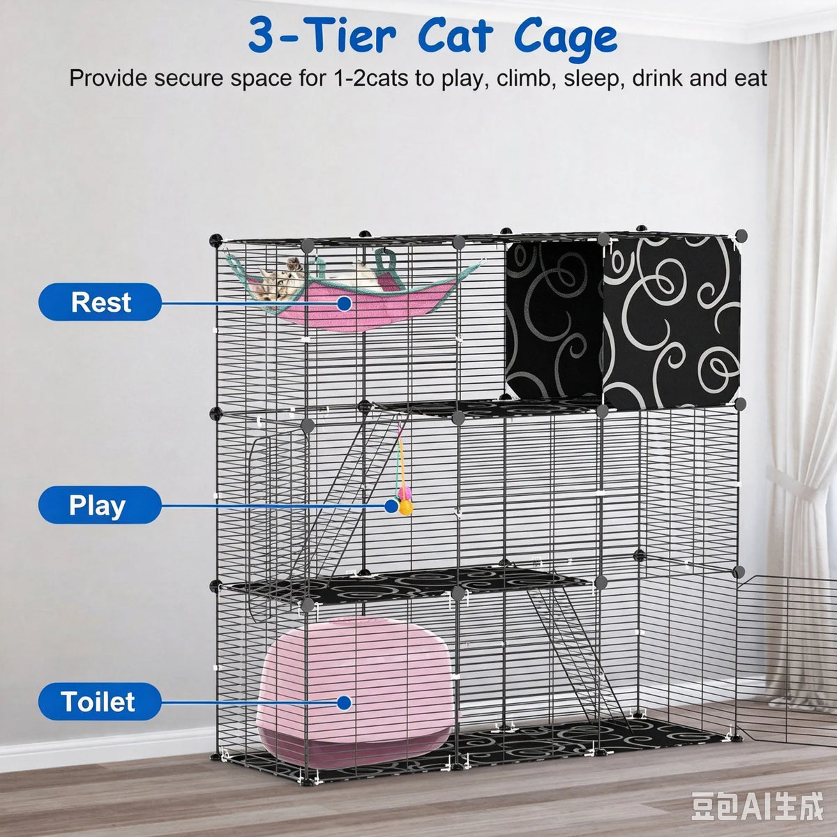 3-Level Metal Cat Cage Enclosure, Modular Pet Habitat with 3 Doors, 2 Ladders, Plush Hammock and Toy Ball for Small Indo