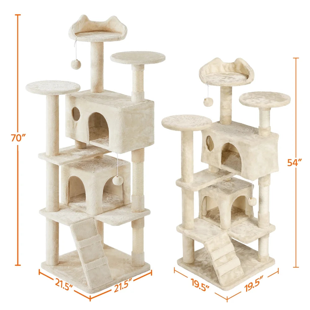 Ultimate 70" Double Condo Cat Tree with Scratching Posts - Creamy Comfort for Your Feline Friends! - BIG FRENCHIES