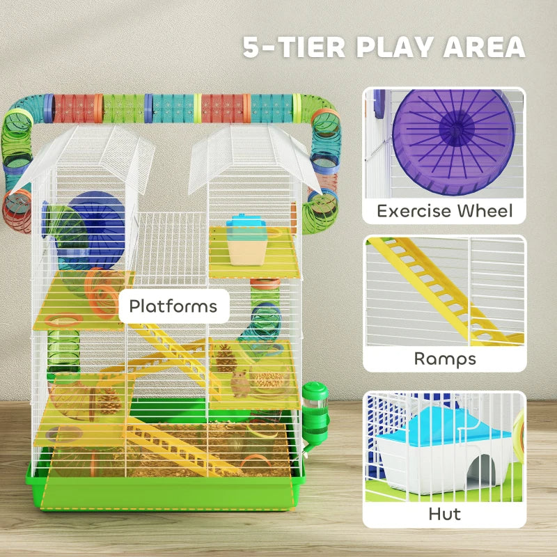 PawHut 5 Tier Hamster Cage With Tubes And Tunnels, Small Animal Cage, Rat Gerbil Cage With Water Bottle, Food Dish, Exer