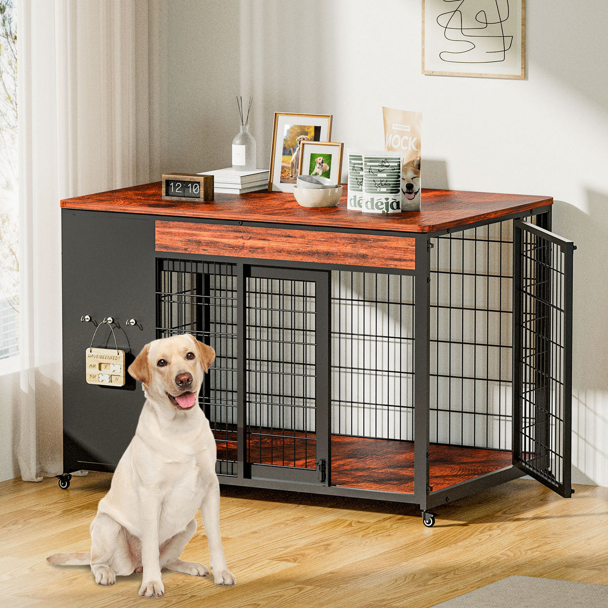 42-Inch Double Wide Wooden Double-Door Dog Crate Side Table Combo - Heavy-Duty DIY Assembly, Chew-Resistant Construction