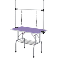Adjustable Dog Grooming Table with 2 Safety Slings, Storage Basket, Purple