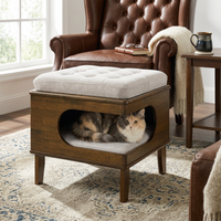 Letitia Rubber Wood Cat Bed Ottoman, 2-in-1 Tufted Pet Ottoman with Cat Cave, Multi-Functional Footstool with Cat Hideaw