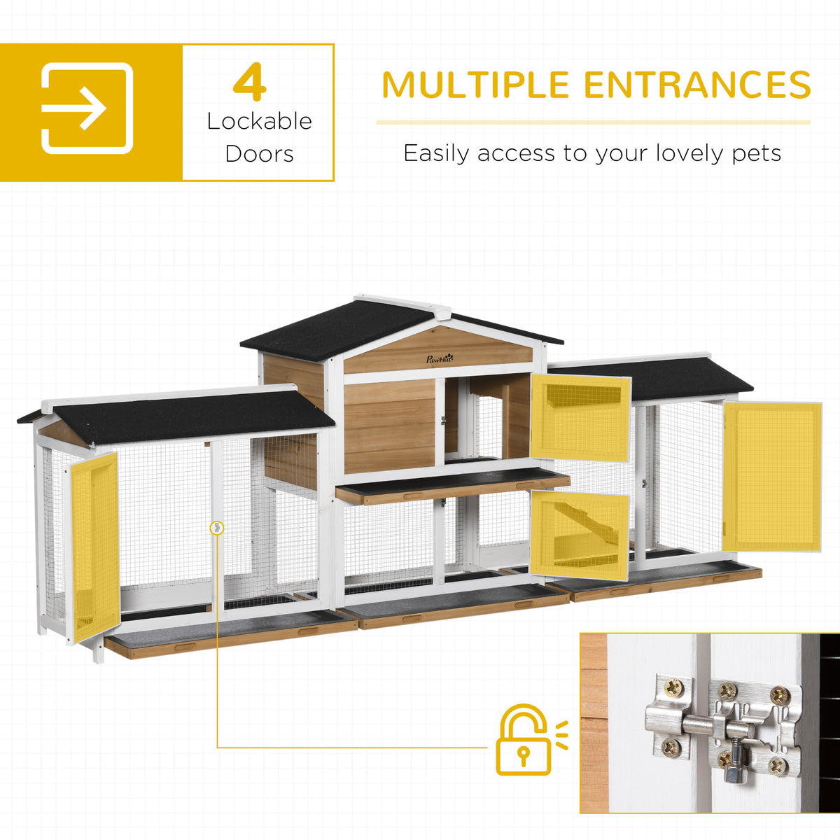 90.5" Wooden Rabbit Hutch Bunny Cage Pet Playpen House Enclosure with Double Side Run Boxes, No Leak Tray, Ramp, for Rab