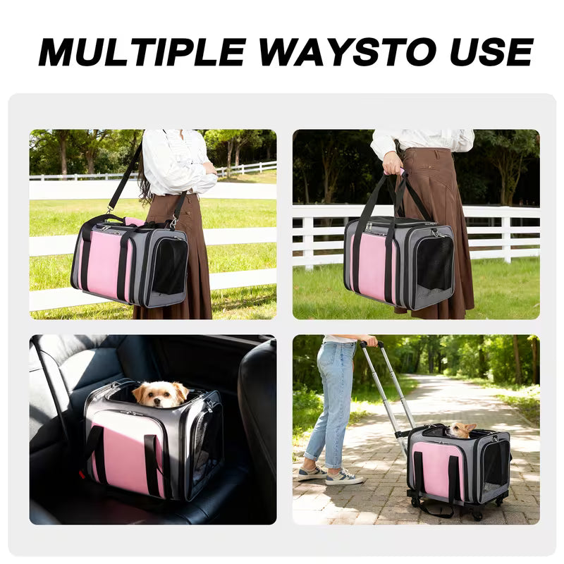 Pink Expandable Rolling Pet Carrier with Detachable Wheelbase – Airline Approved Soft-Sided Travel Bag for Dogs & Cats Under 25 lbs