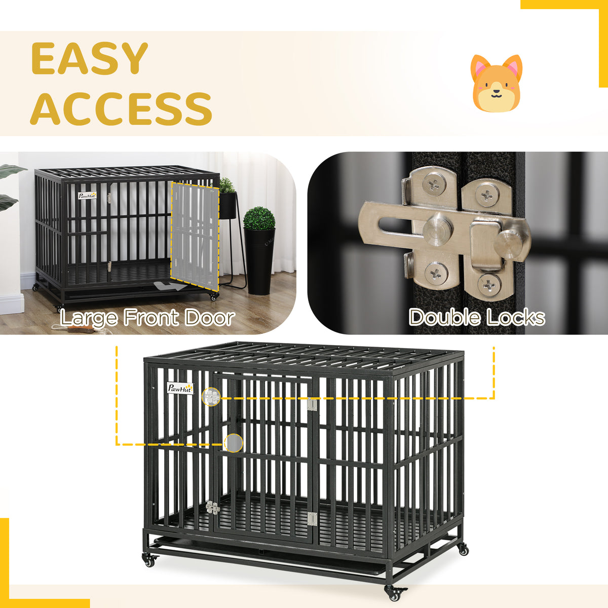 45" Heavy Duty Dog Crate, Escape-Proof Steel Kennel with Wheels, Black