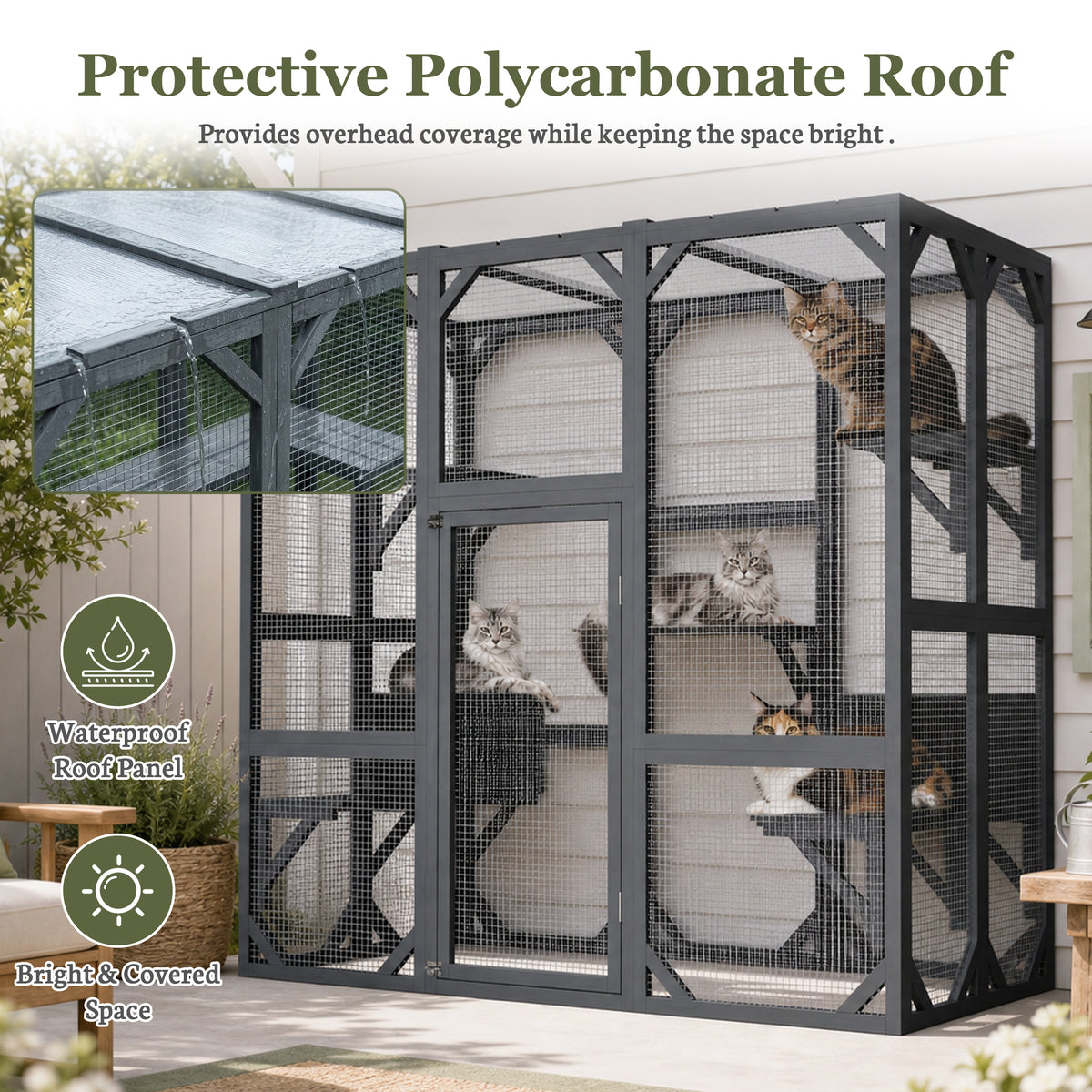 71" x 37" x 71" Outdoor Cat Enclosure, Large Wooden Cat Cage with Mesh Panels & Waterproof Roof, Well-Ventilated & Escap