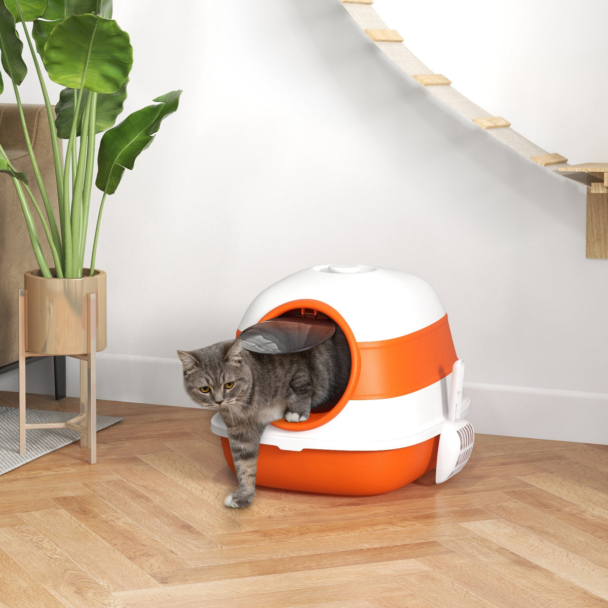 Dome Covered Cat Litter Box with Lid, White and Orange