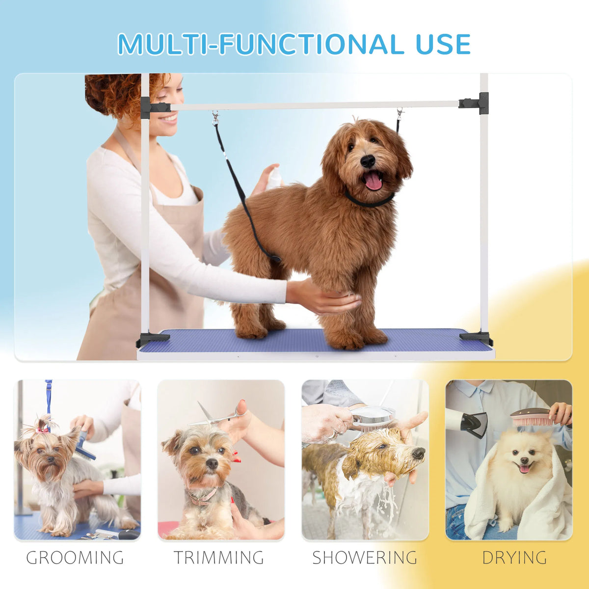 Adjustable Dog Grooming Table with 2 Safety Slings, Storage Basket, Blue