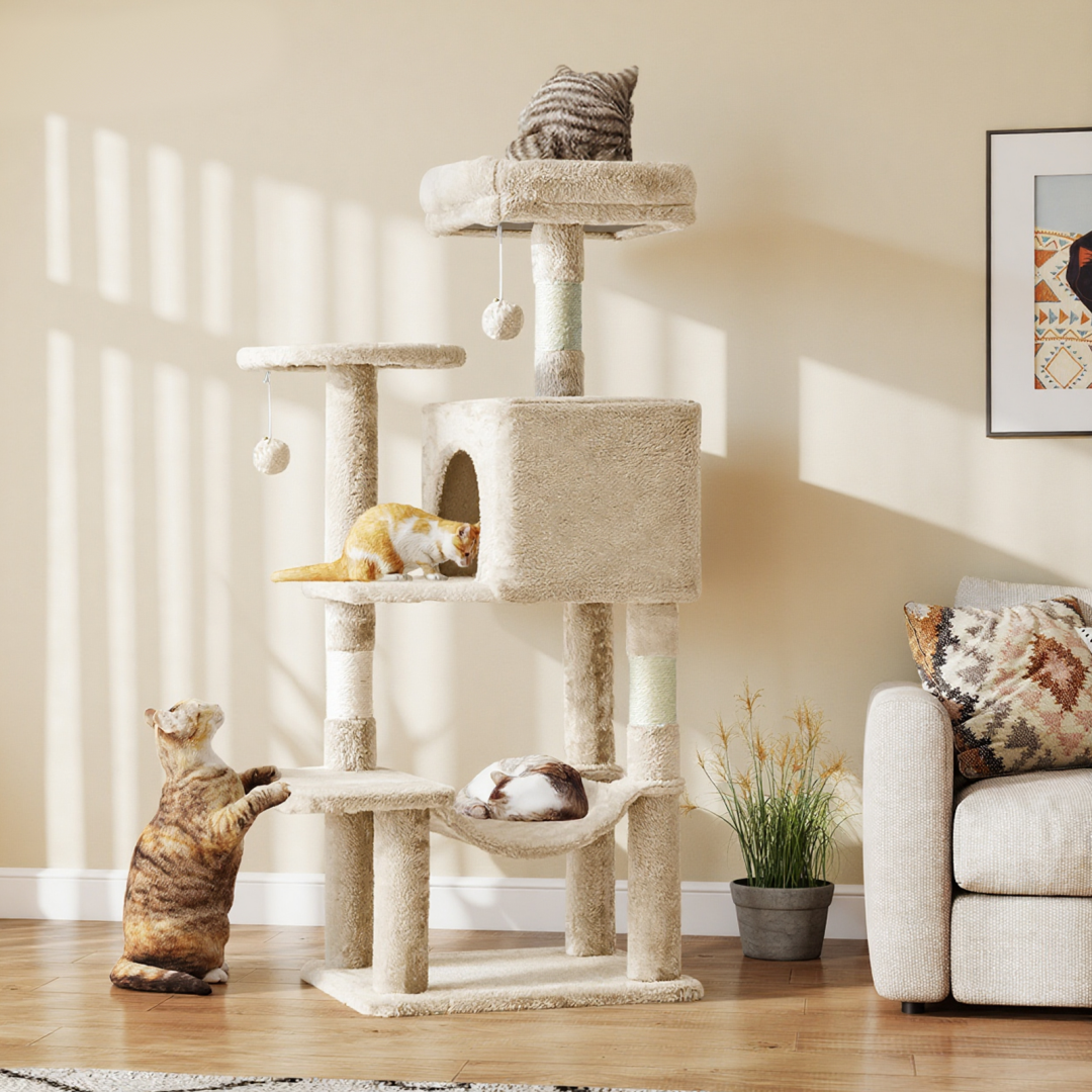 44 Inch Cat Tree Tower, Multi-Cat Climbing Tower With, Natural Sisal Scratching Posts, Extended Platform, Hammock
