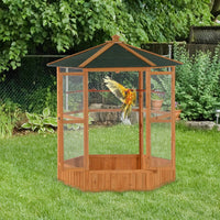 PawHut 69 Wooden Hexagonal Outdoor Aviary Flight Bird Cage With Covered Roof, BrownFor Multiple Packages, Please Pay Att