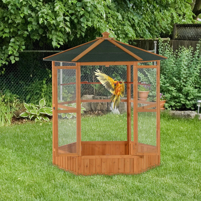 PawHut 69 Wooden Hexagonal Outdoor Aviary Flight Bird Cage With Covered Roof, BrownFor Multiple Packages, Please Pay Att