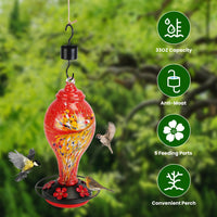 1Pc Glass Hummingbird Feeder 33OZ Hand Blown Hummingbird Feeder With 5 Flower Feeding Port Perch Ant Moat Hanging Hook S