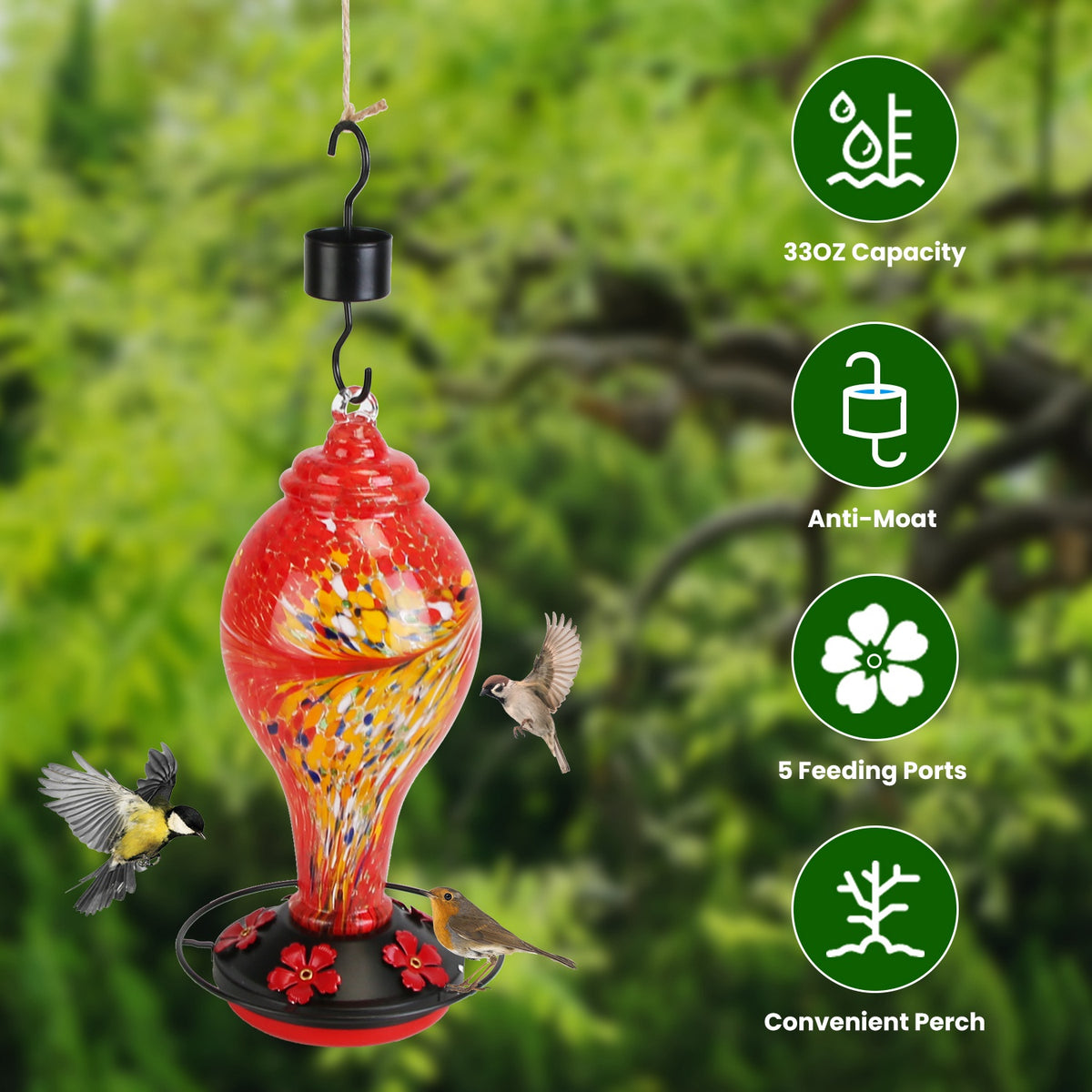1Pc Glass Hummingbird Feeder 33OZ Hand Blown Hummingbird Feeder With 5 Flower Feeding Port Perch Ant Moat Hanging Hook S