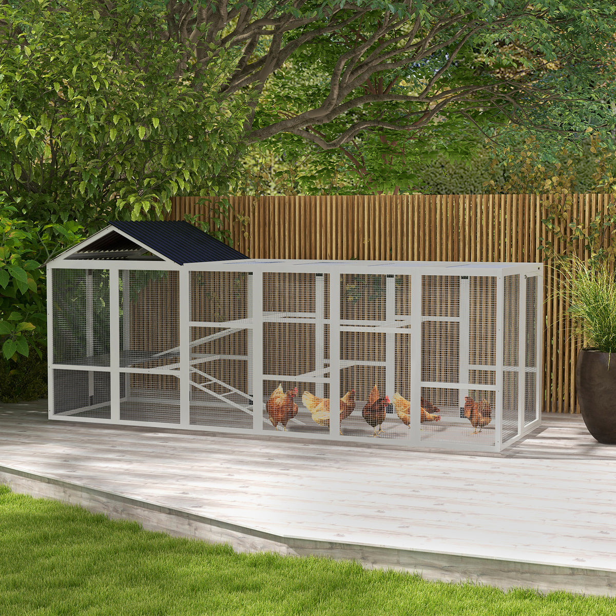 Wooden Chicken Coop Run for 6 - 10 Chickens, Hen House Add-On with Storage, Perches, 141.75" x 48" x 61", Gray
