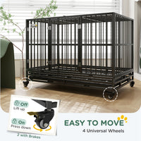 48" Heavy Duty Dog Crate Metal Cage Kennel with Lockable Wheels, Double Door and Removable Tray, gray