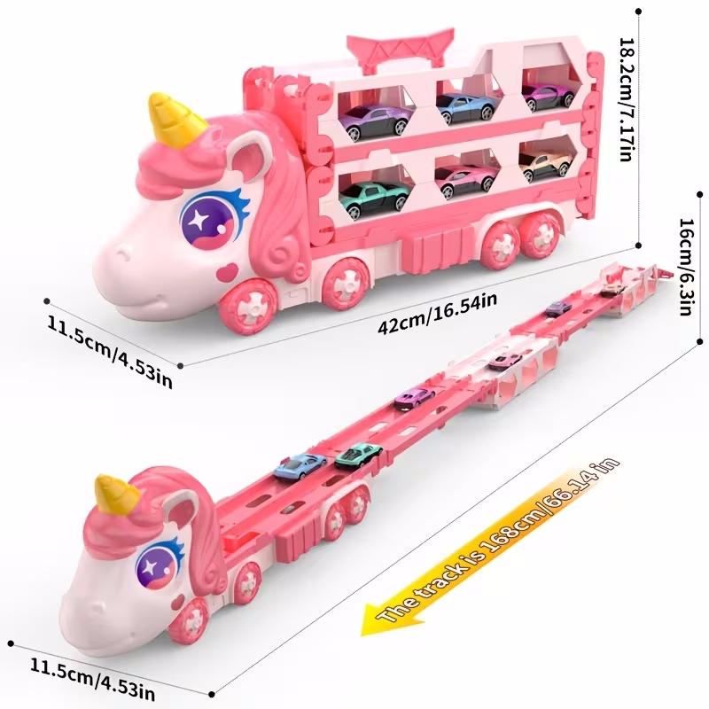 Cute Transforming Truck Toy Expandable Racetrack & Vehicle Storage Set Portable Carrier With Mini Cars Toy For Girls Age