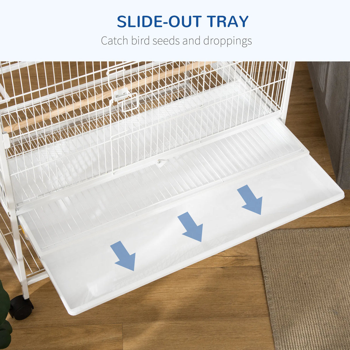 52" Large Rolling Steel Bird Cage Bird House with Rolling Stand, Storage Shelf, Wood Perch, Food Container, White