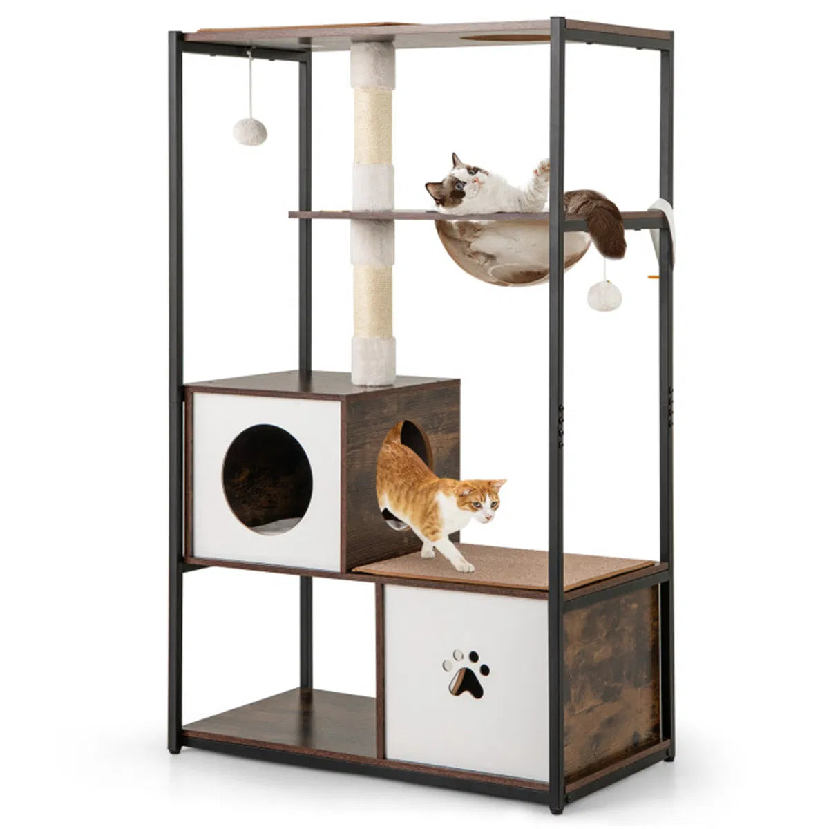 Stylish Wood-Metal Cat Tree - 33 lbs Per Layer Capacity, 2 Private Condos + 2 Relaxation Platforms, Complements Room Dec