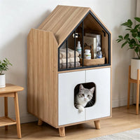 Natural & White Hidden Cat Litter Box Furniture, Elevated Cat Lounge Top Enclosed Cat Washroom Cabinet with Raised Legs 