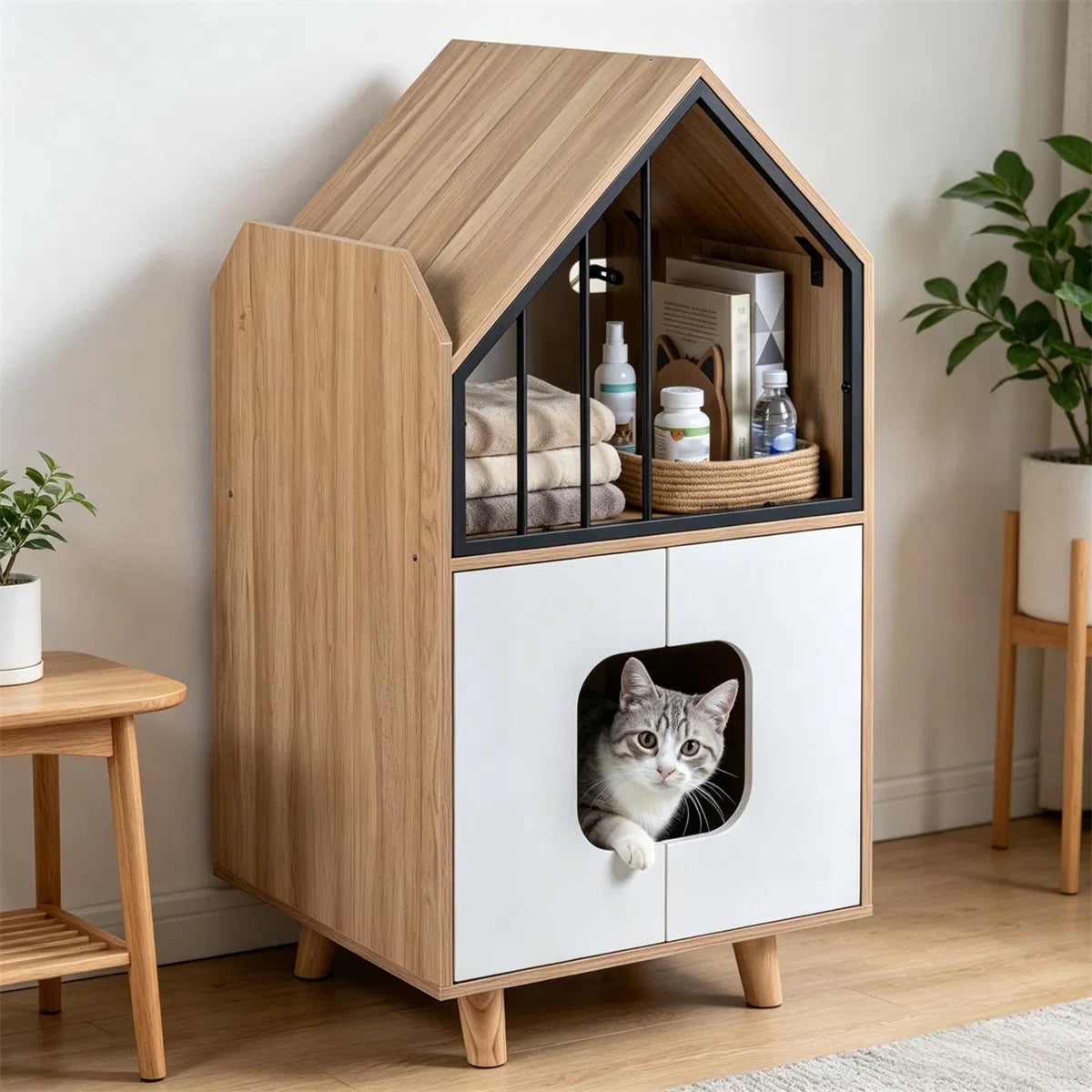 Natural & White Hidden Cat Litter Box Furniture, Elevated Cat Lounge Top Enclosed Cat Washroom Cabinet with Raised Legs 