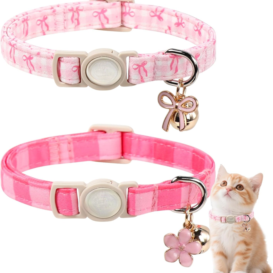 2 Pack Pink Cat Collars Spring Summer Breakaway Cat Collar With Bell, Bow And Flower Pendant, Adjustable Kitten Collars 