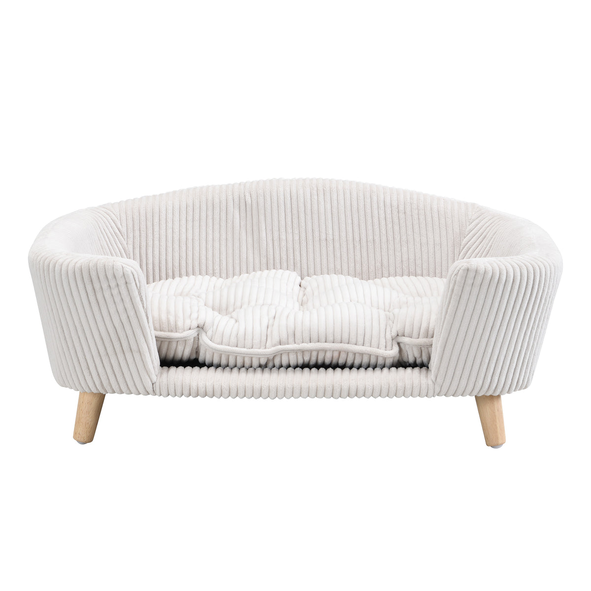 Elevated Dog Bed Frame for Small Dog, Corduroy Pet Couch Bed with Rubber Wood Legs and Supportive Foam, Beige , Easy Ass