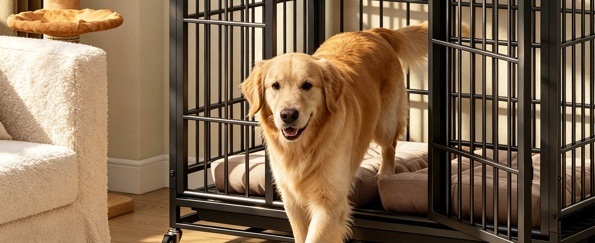 Heavy Duty Dog Crate , Mobile Pet Kennel with Lockable Wheels & Rotary Twist-Latch, Indoor Outdoor Metal Cage with Perfo