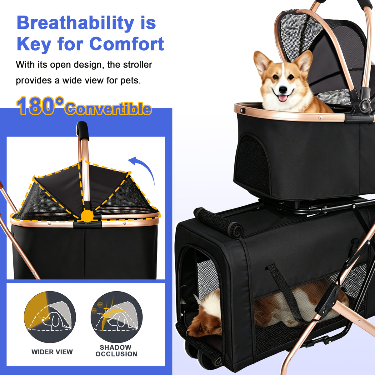 3-in-1 Double Pet Stroller For Small Medium Dogs Cats, Foldable Frame Convertible Pet Carrier Tote, Shockproof Wheels Wi