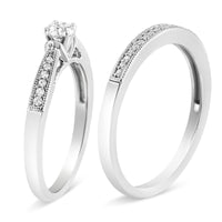 .925 Sterling Silver 1/3 Cttw Diamond Classic Engagement Ring Bridal Set with Milgrain (I-J Color, I3 Clarity) - Ring Size 7