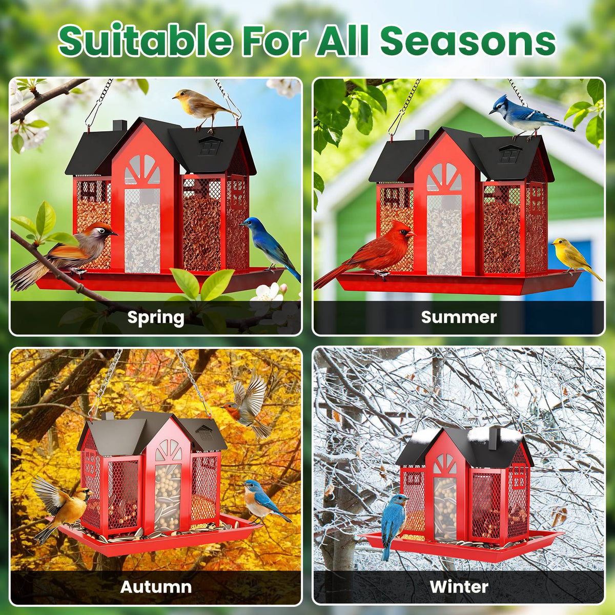 1Pc Metal Hanging Bird Feeder House Classic Barn Bird Feeder House Iron Hanging Outdoor Feeder With Visible Window And L
