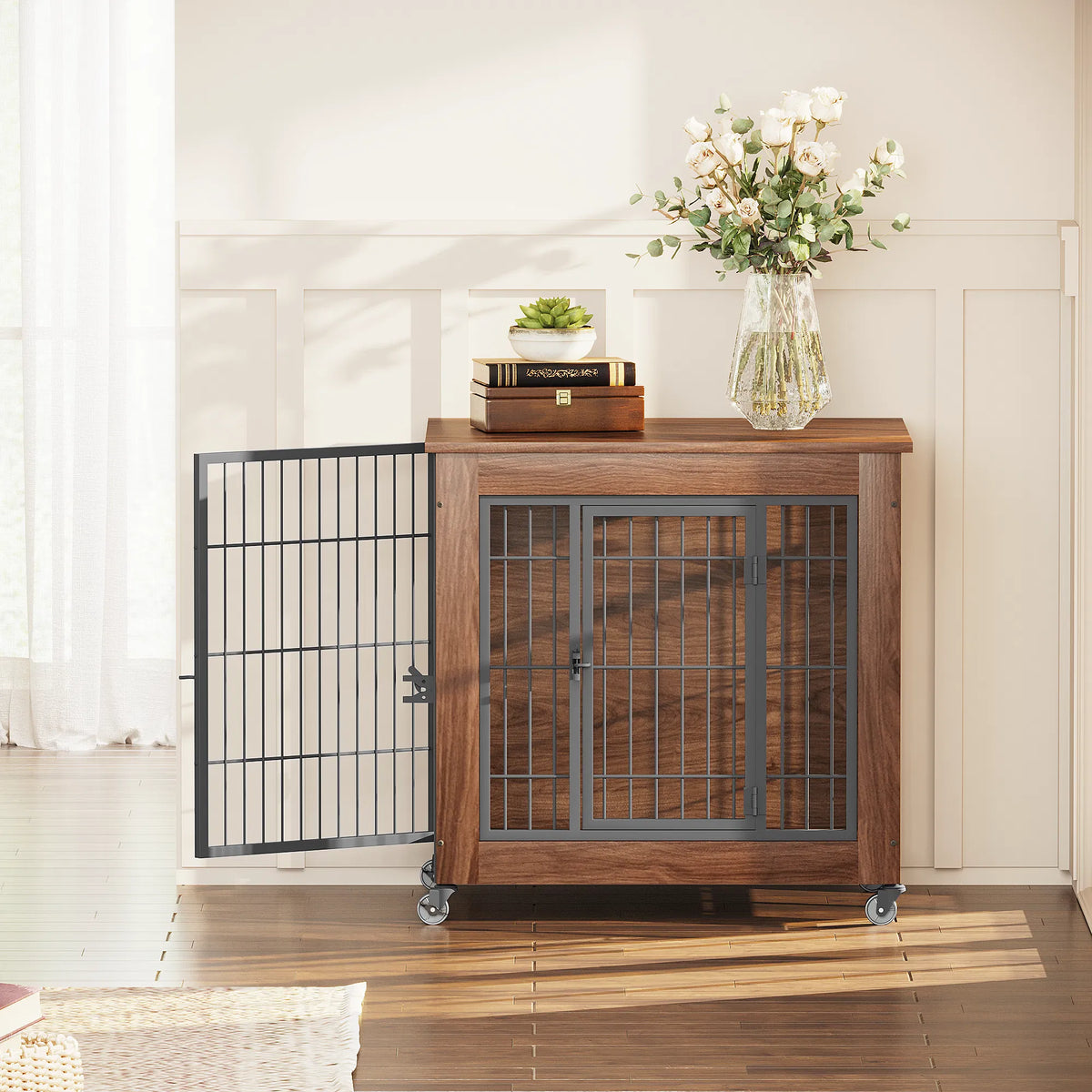 27.2" Dog Crate Furniture with Wheels for Small Dogs, Heavy Duty Dog Kennel Indoor with 2 Doors, Wooden Pet Cage End Tab