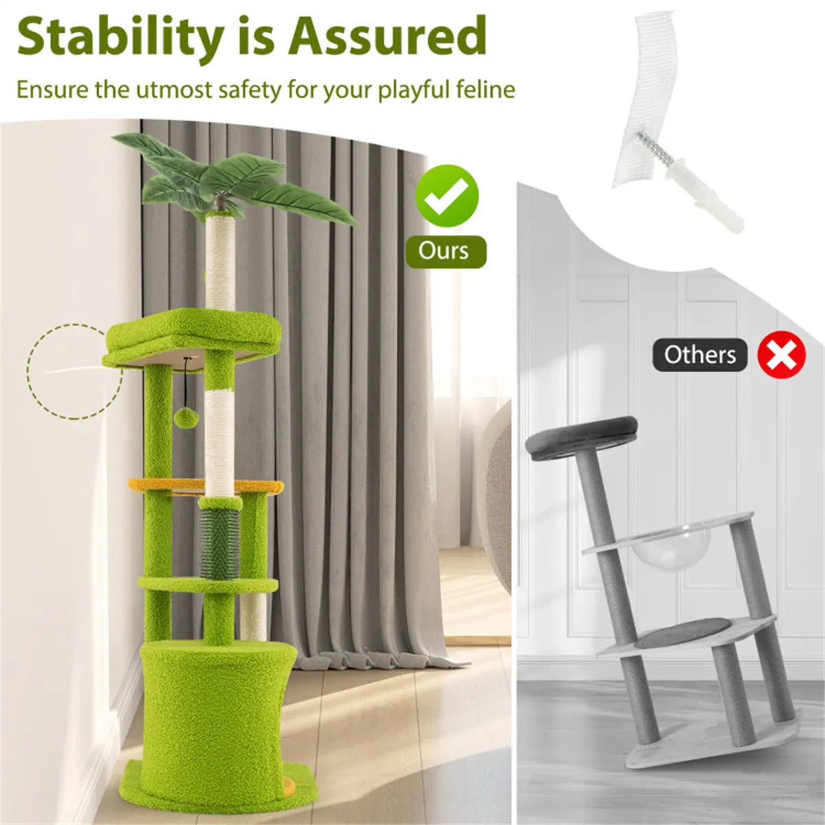 48" Cat Tree with Tropical Leaves - Self-Groomer & Scratching Posts, Space-Saving (Green+Orange)
