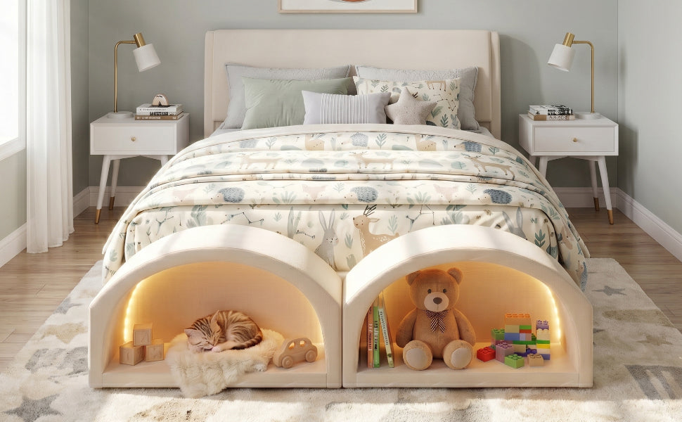Queen Size Upholstered Platform Bed Frame with Dual Cat Caves, LED Lighted Pet Nests at Footboard, Beige