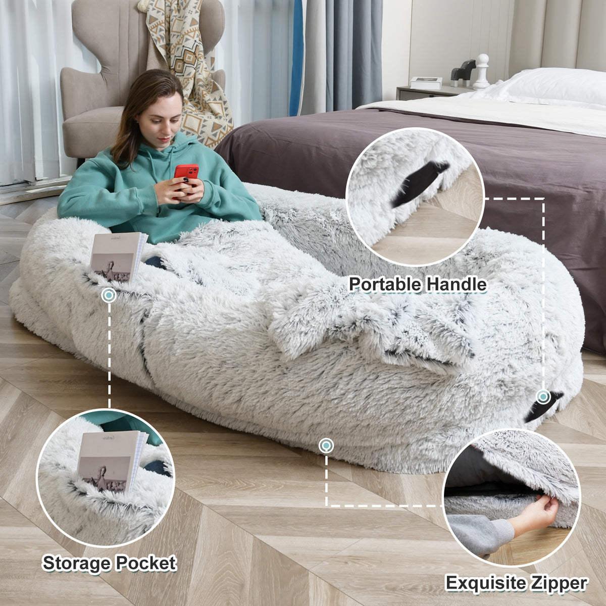 Human Dog Bed - 63 In X 31.4 In X 9.5 In Washable Faux Fur Lounger For Adults & Pets, Cushion With Orthopedic Support, I