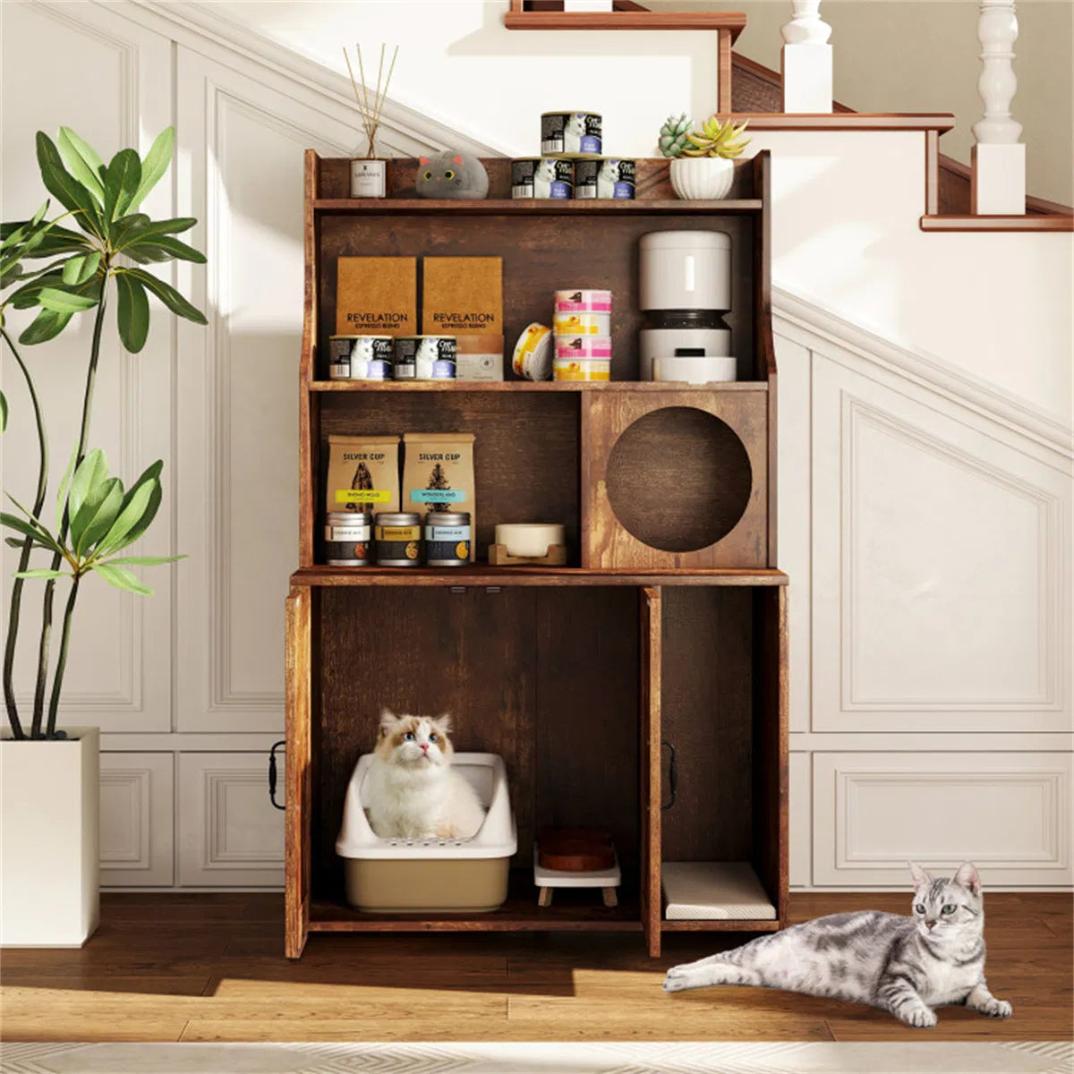 Wooden Hidden Cat Litter Box Enclosure with Storage Shelves Anti-Toppling Design Industrial Style Brown