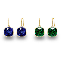 2 Pair Pack: 9.00 CTW Cushion Cut Created Blue Sapphire & Emerald Drop Earrings – Available in .925 Sterling Silver or 14kt Yellow Gold Over .925 – 8mm Square Gems