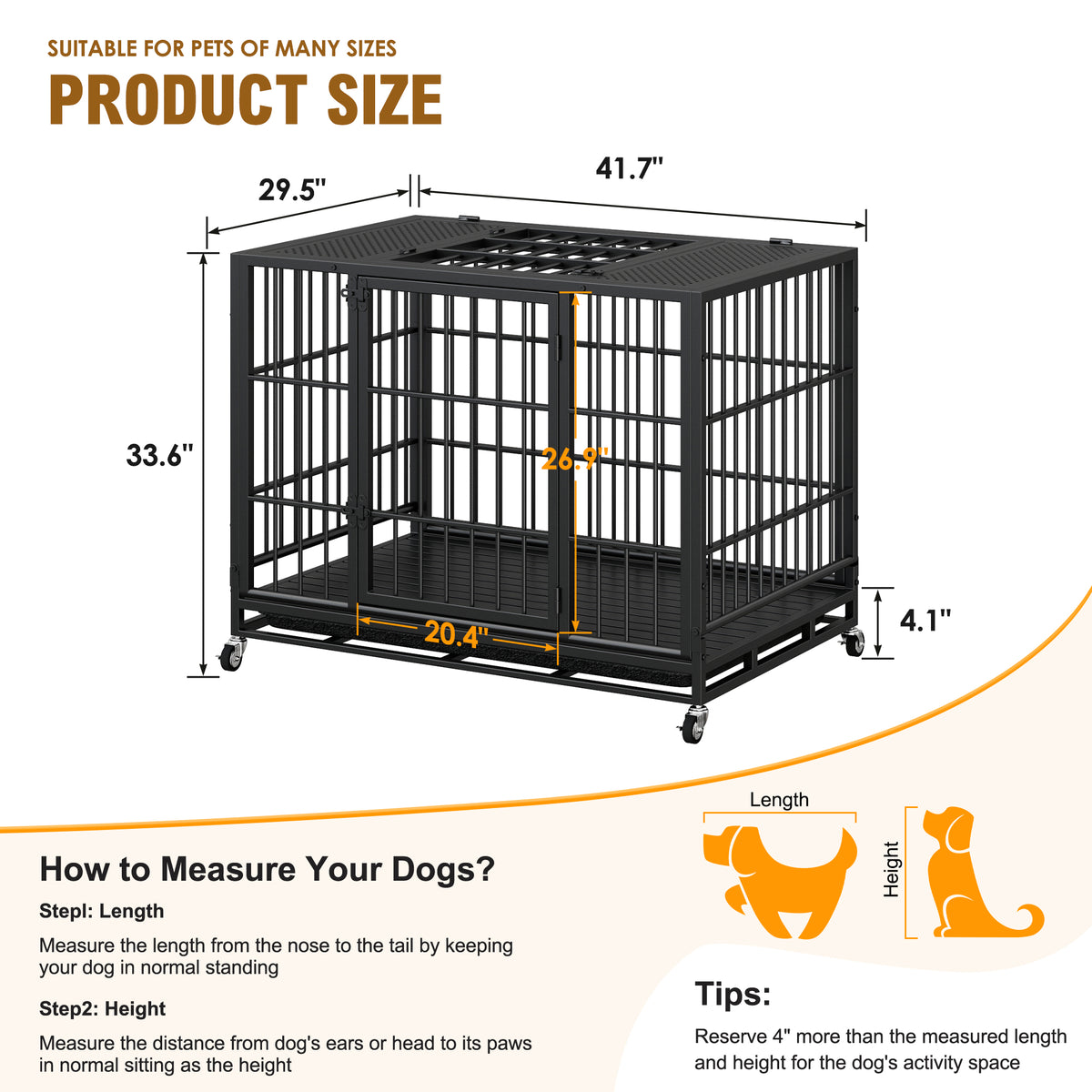 Heavy Duty Dog Crate , Mobile Pet Kennel with Lockable Wheels & Rotary Twist-Latch, Indoor Outdoor Metal Cage with Perfo