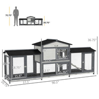 90.5" Wooden Rabbit Hutch Bunny Cage Pet Playpen House Enclosure with Double Side Run Boxes, No Leak Tray, Ramp, for Rab