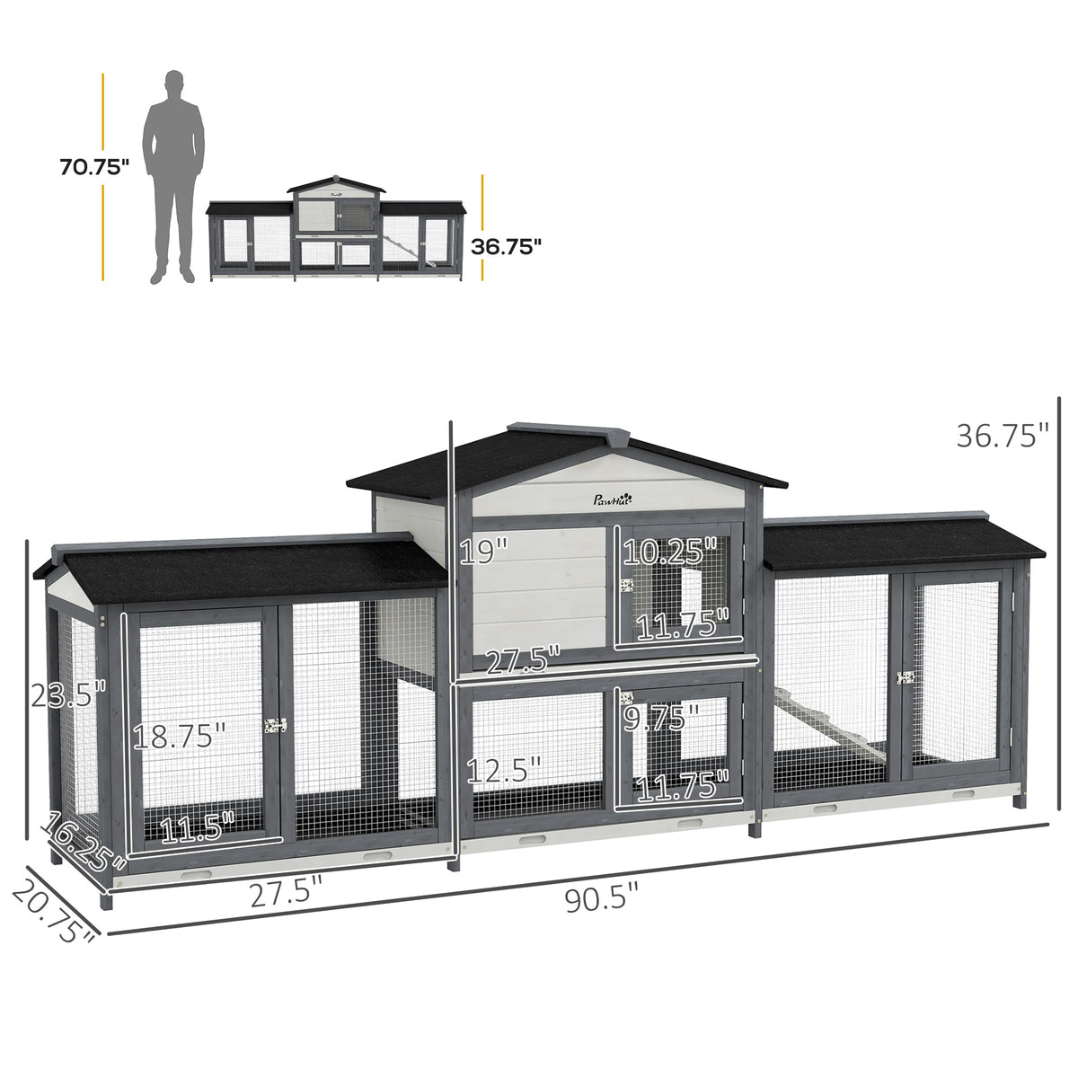 90.5" Wooden Rabbit Hutch Bunny Cage Pet Playpen House Enclosure with Double Side Run Boxes, No Leak Tray, Ramp, for Rab